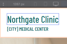 Close-up of the canvas showing 'Northgate Clinic' text with a red callout label saying 'Double-click on the text'