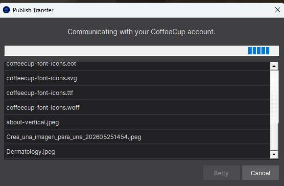 'Publish Transfer' dialog showing a progress bar and a list of files being uploaded to S-Drive